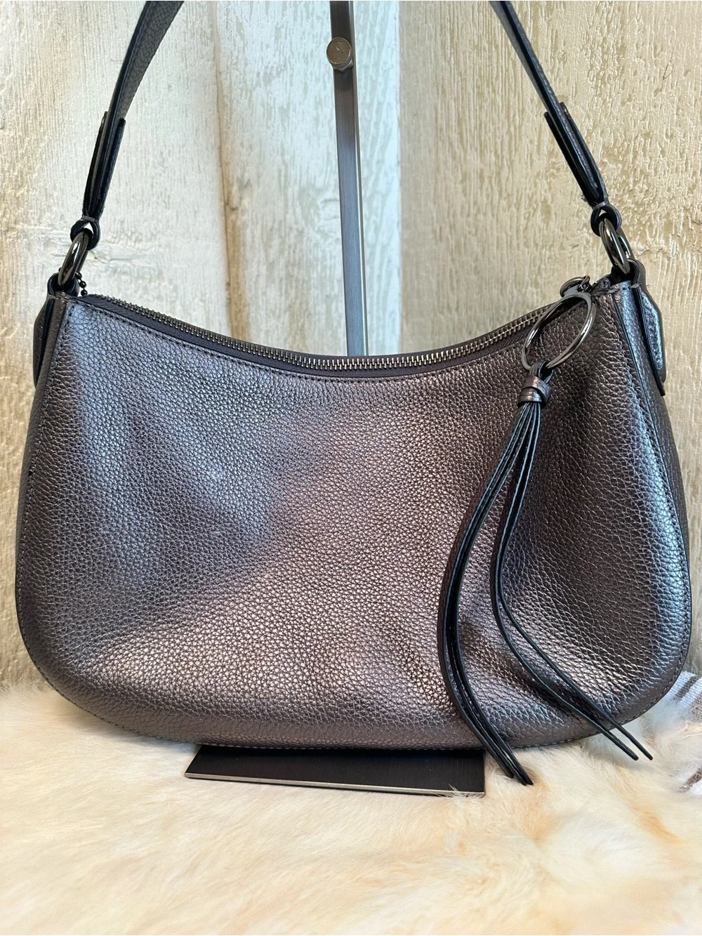 Coach Metallic Gunmetal Pebbled Leather Hobo